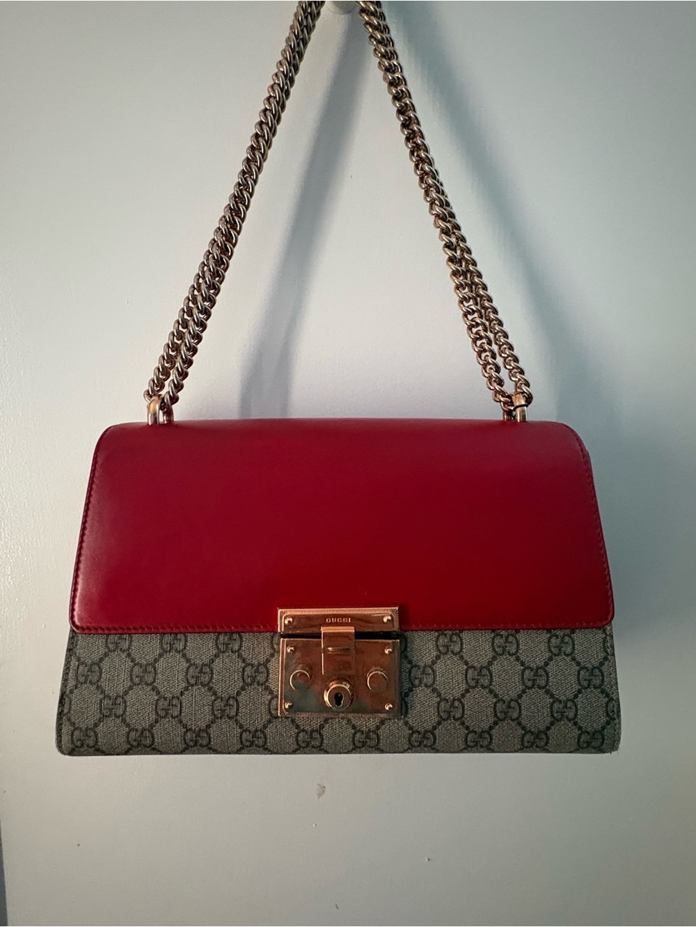 Gucci Red Leather Flap & GG Canvas Shoulder Bag with Gold Hardware